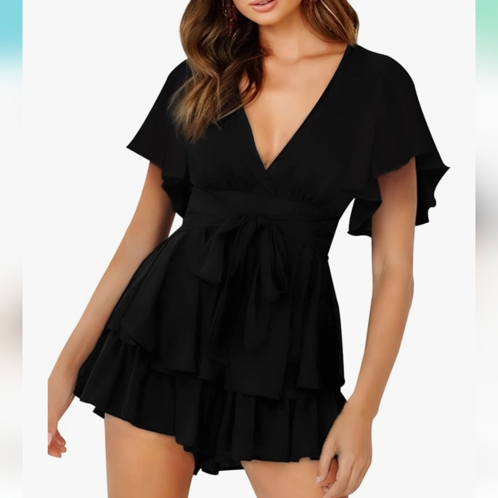 Women's Black V-Neck Romper/Skort